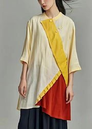 Original Light Yellow Asymmetrical Patchwork Linen Mid Dress Summer