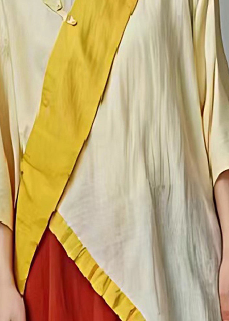 Original Light Yellow Asymmetrical Patchwork Linen Mid Dress Summer