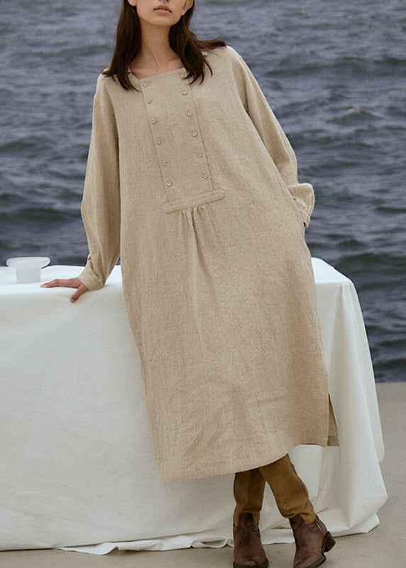 Original Linen Square Collar Side Open Long Dresses Spring