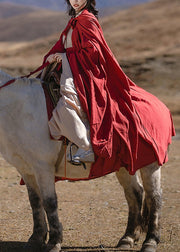 Original Loose Red Hooded Lace Up Cotton Cape Fall