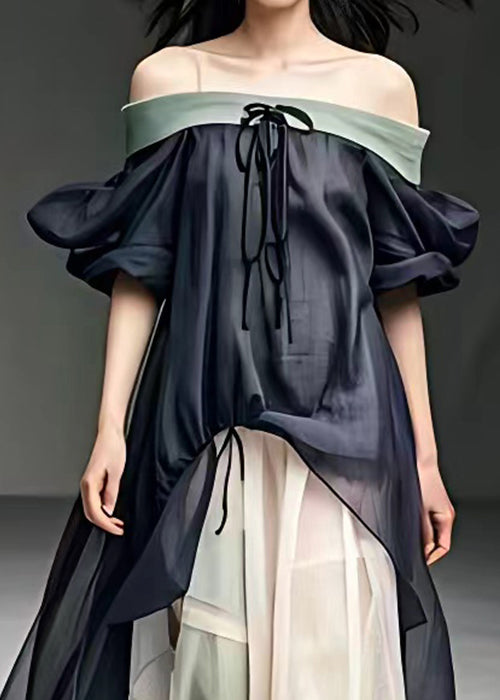 Original Navy Cold Shoulder Patchwork Cotton Long Dresses Summer