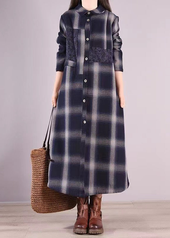 Original Navy Peter Pan Collar Plaid Warm Fleece Shirts Dress Fall