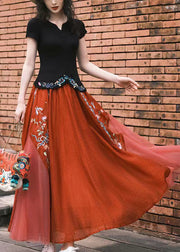 Original Orange Embroideried Patchwork Elastic Waist Tulle Skirts Summer