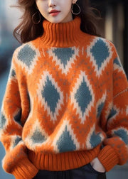 Original Orange Turtleneck Plaid Thick Knit Sweaters Spring