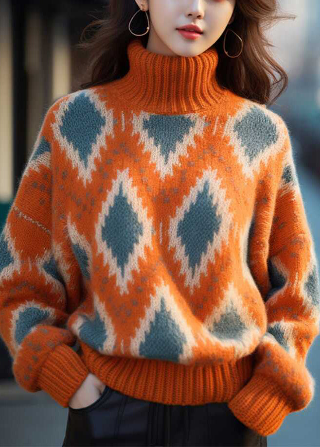 Original Orange Turtleneck Plaid Thick Knit Sweaters Winter