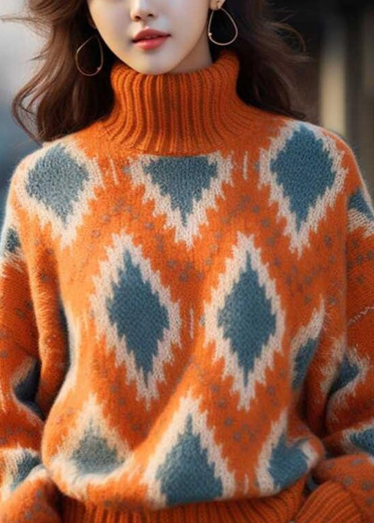 Original Orange Turtleneck Plaid Thick Knit Sweaters Spring