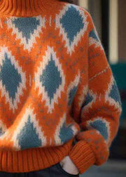 Original Orange Turtleneck Plaid Thick Knit Sweaters Spring