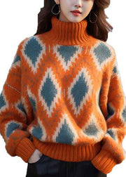 Original Orange Turtleneck Plaid Thick Knit Sweaters Winter