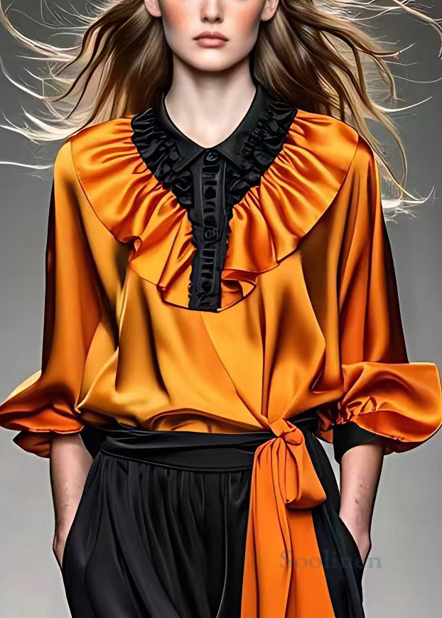 Original Orange Wrinkled Lace Up Silk Shirt Long Sleeve