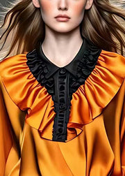 Original Orange Wrinkled Lace Up Silk Shirt Long Sleeve