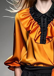 Original Orange Wrinkled Lace Up Silk Shirt Long Sleeve