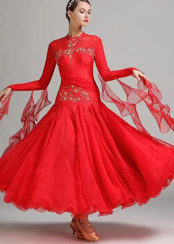 Original Pink Embroideried Zircon Tulle Patchwork Dance Dress Long Sleeve