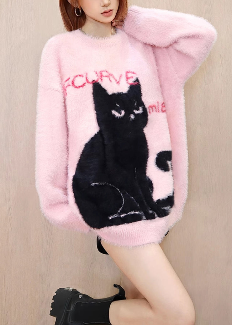 Original Pink O Neck Cat Mink Hair Knitted Pullover Tops Spring