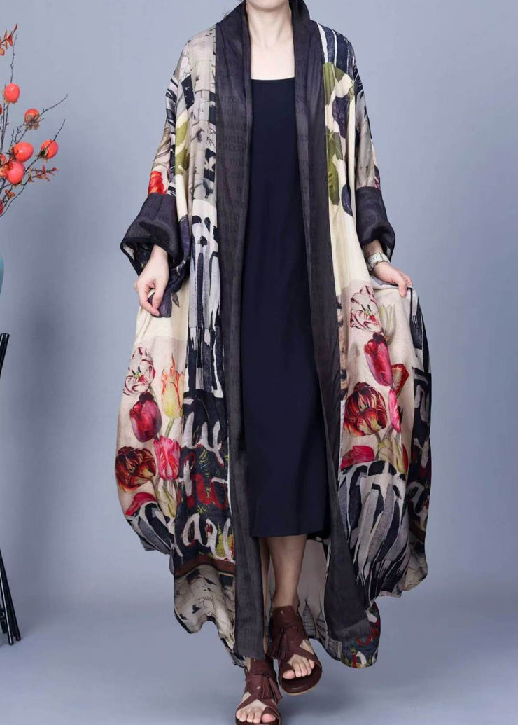 Original Print Patchwork Loose Silk Long Cardigan Spring