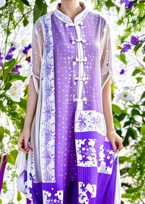 Original Purple Button Print Patchwork Silk Dress Half Sleeve