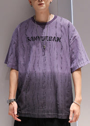 Original Purple Embroidered Perforated T Shirt Men's Summer