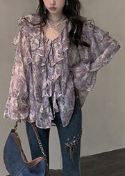 Original Purple Ruffled Print Shirt Spring