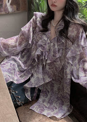 Original Purple Ruffled Print Shirt Spring