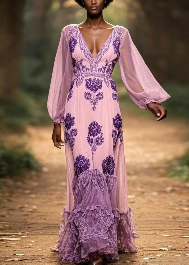 Original Purple V Neck Ruffled Print Chiffon Maxi Dresses Spring