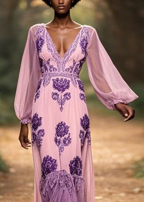 Original Purple V Neck Ruffled Print Chiffon Maxi Dresses Spring