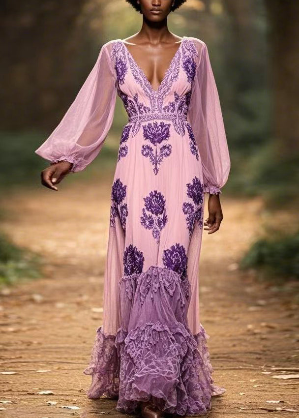 Original Purple V Neck Ruffled Print Chiffon Maxi Dresses Spring