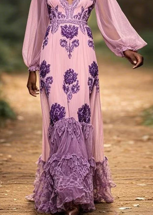 Original Purple V Neck Ruffled Print Chiffon Maxi Dresses Spring