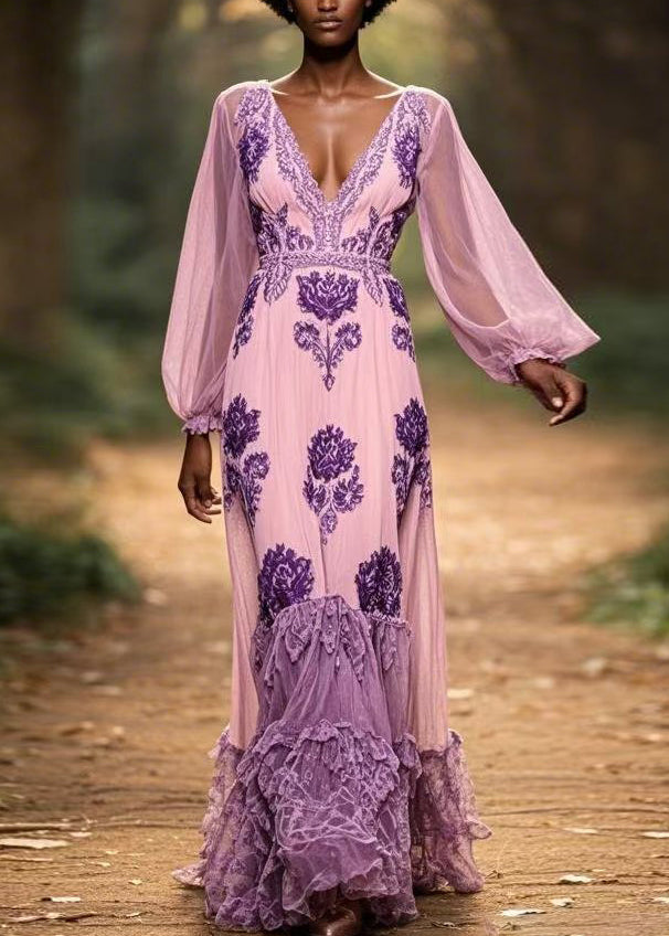 Original Purple V Neck Ruffled Print Chiffon Maxi Dresses Spring