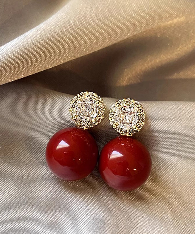 Original Red Copper Alloy Zircon Pearl Stud Earrings