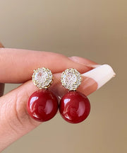 Original Red Copper Alloy Zircon Pearl Stud Earrings