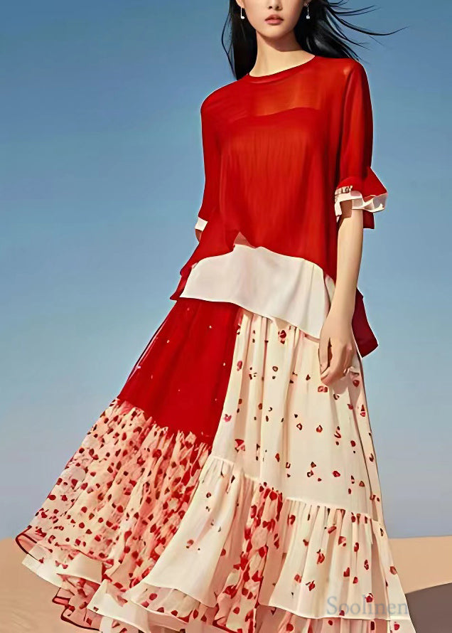 Original Red O Neck Print Chiffon Long Dress Half Sleeve