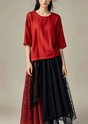 Original Red O Neck Tulle Patchwork Long Dress Half Sleeve