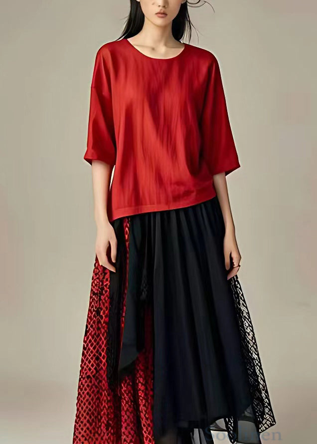 Original Red O Neck Tulle Patchwork Long Dress Half Sleeve