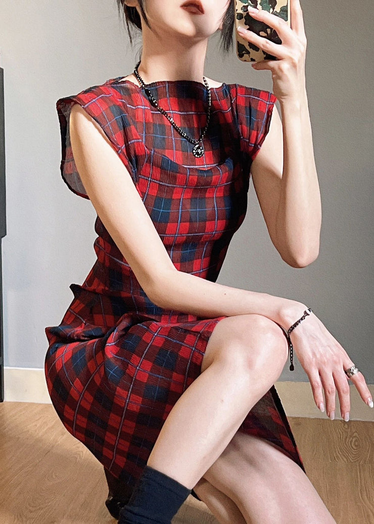 Original Red Plaid O Neck Wrinkled Chiffon Dress Butterfly Sleeve