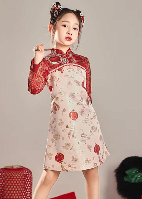 Original Red Stand Collar Print Nail Bead Girls Long Dress Spring