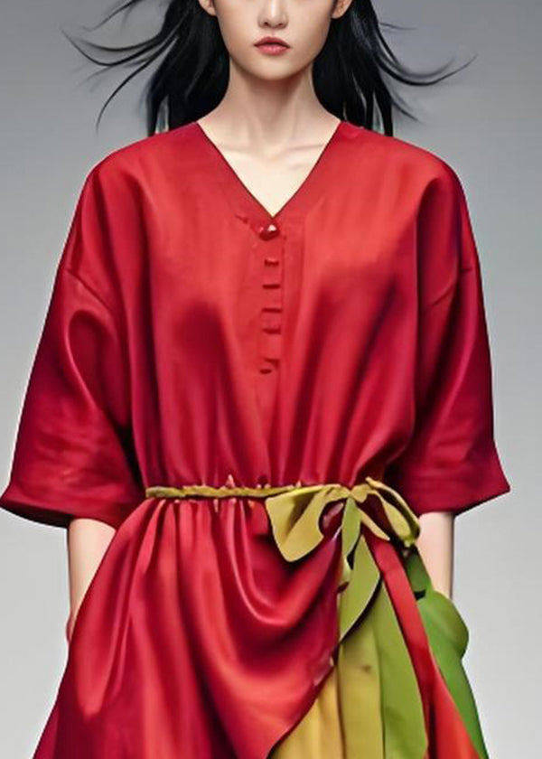 Original Red V Neck Low High Design Patchwork Cotton Dress Summer