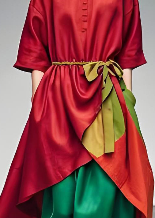Original Red V Neck Low High Design Patchwork Cotton Dress Summer