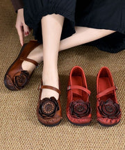 Original Retro Red Floral Soft Sole Cowhide Leather Flats Shoes