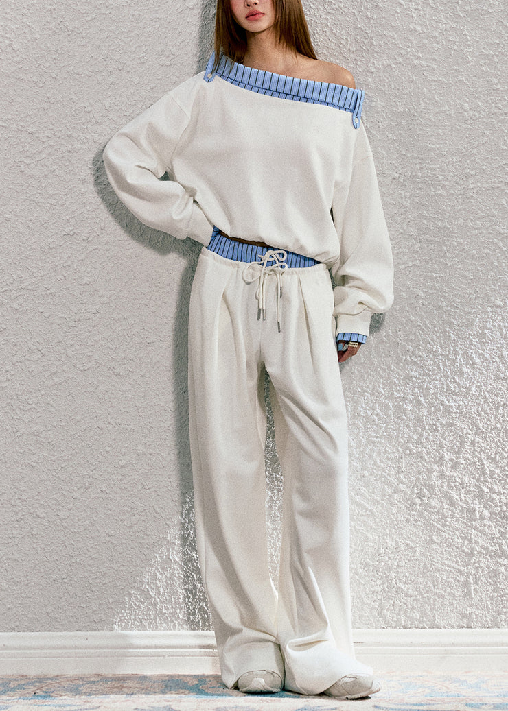 Original Striped Lapel Sloping Shoulder Sweatshirt And Pants Set Spring