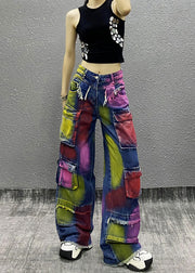 Original Tie Dye Tassel Pockets Patchwork Denim Wide Leg Pants Fall