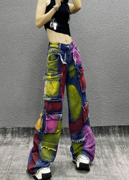 Original Tie Dye Tassel Pockets Patchwork Denim Wide Leg Pants Fall