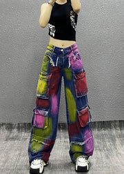 Original Tie Dye Tassel Pockets Patchwork Denim Wide Leg Pants Spring