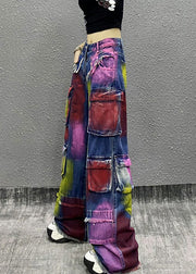 Original Tie Dye Tassel Pockets Patchwork Denim Wide Leg Pants Fall