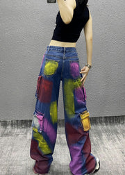 Original Tie Dye Tassel Pockets Patchwork Denim Wide Leg Pants Fall