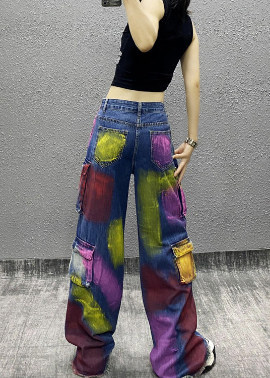 Original Tie Dye Tassel Pockets Patchwork Denim Wide Leg Pants Spring