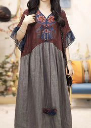 Original V-Neck Embroidered Loose Linen Dress Butterfly Sleeve