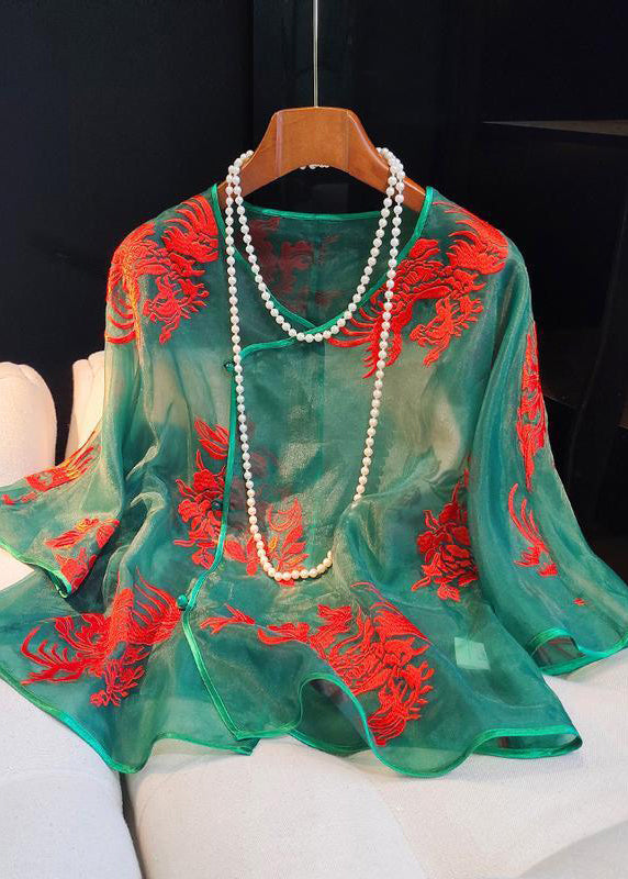 Original Vintage Green Embroidered Silk Blouses Long Sleeve
