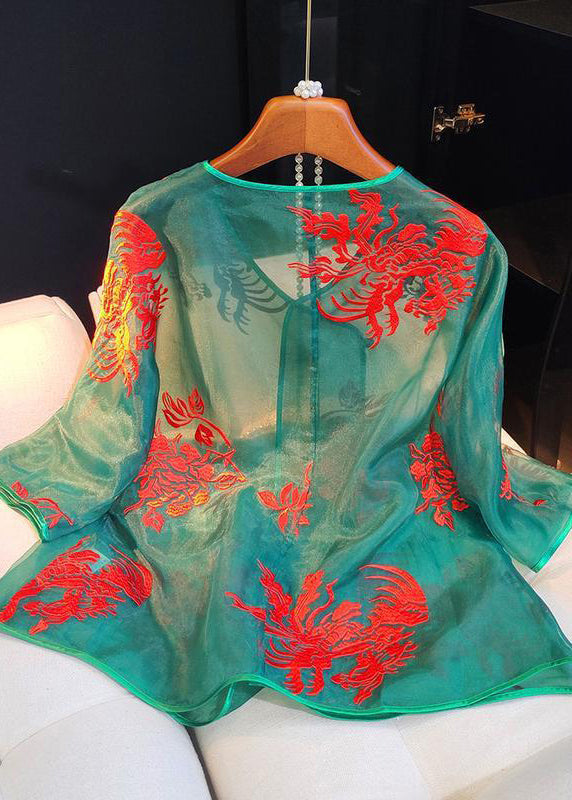 Original Vintage Green Embroidered Silk Blouses Long Sleeve