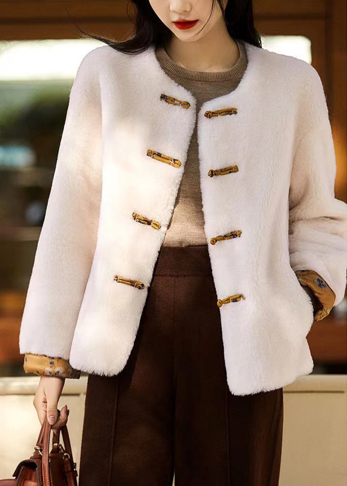 Original White O Neck Chinese Button Patchwork Wool Coats Winter