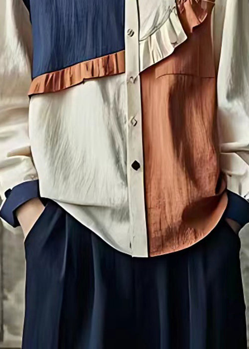 Original White Peter Pan Collar Ruffled Button Cotton Blouses Long Sleeve