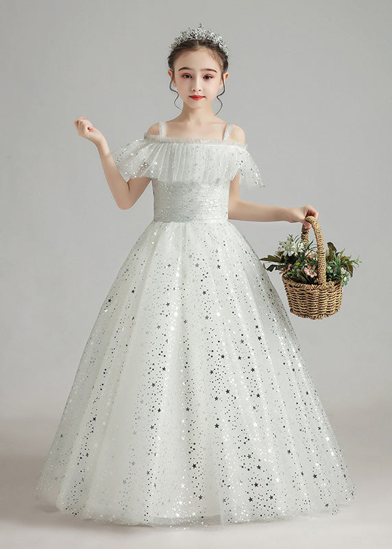 Original White Sequins Tulle Girls Maxi Spaghetti Strap Dress Summer